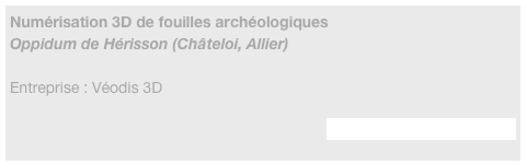 Numérisation 3D de fouilles archéologiques
Oppidum de Hérisson (Châteloi, Allier)

Entreprise : Véodis 3D

http://www.veodis-3d.com/